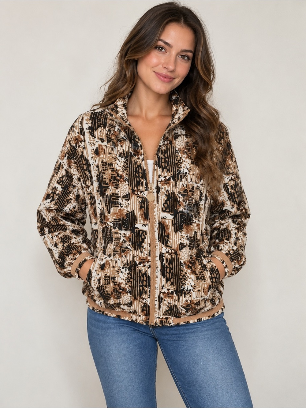 Vintage ANNEY Collection 100% Silk Abstract Bomber Jacket Shoulder Pads M